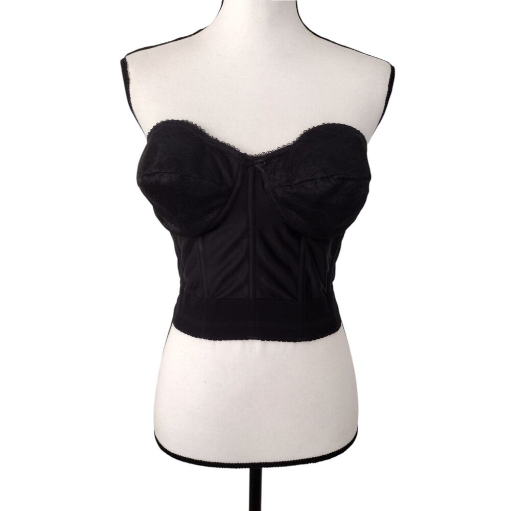 Vintage 1980s Black Lace & Satin Bullet Cup Strapless Corset Bustier 38B